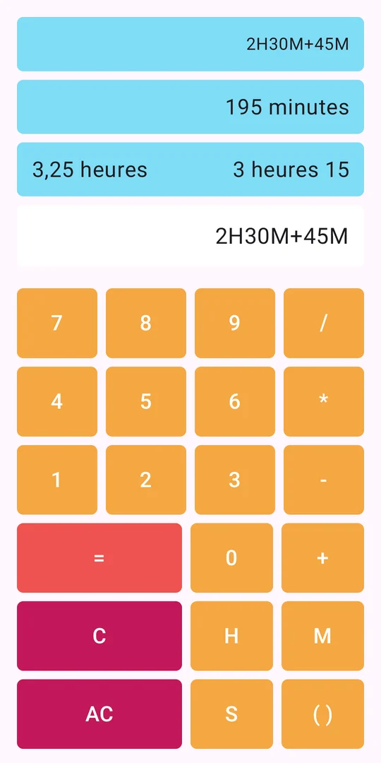 Calculatrice H/M : 2H30M+45M donne 195 minutes, 3,25 heures, 3 heures 15