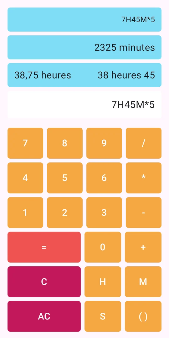 Calculatrice H/M : 7H45M*5 donne 2325 minutes, 38,75 heures, 38 heures 45