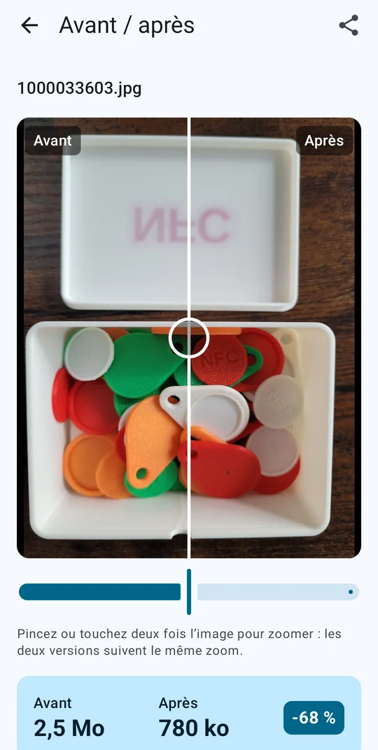 Comparatif avant / après d'une photo avec curseur, 2,5 Mo réduits à 780 ko