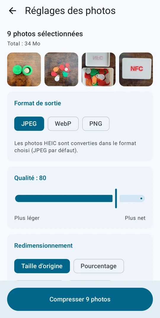 Réglages des photos : format de sortie, qualité, redimensionnement