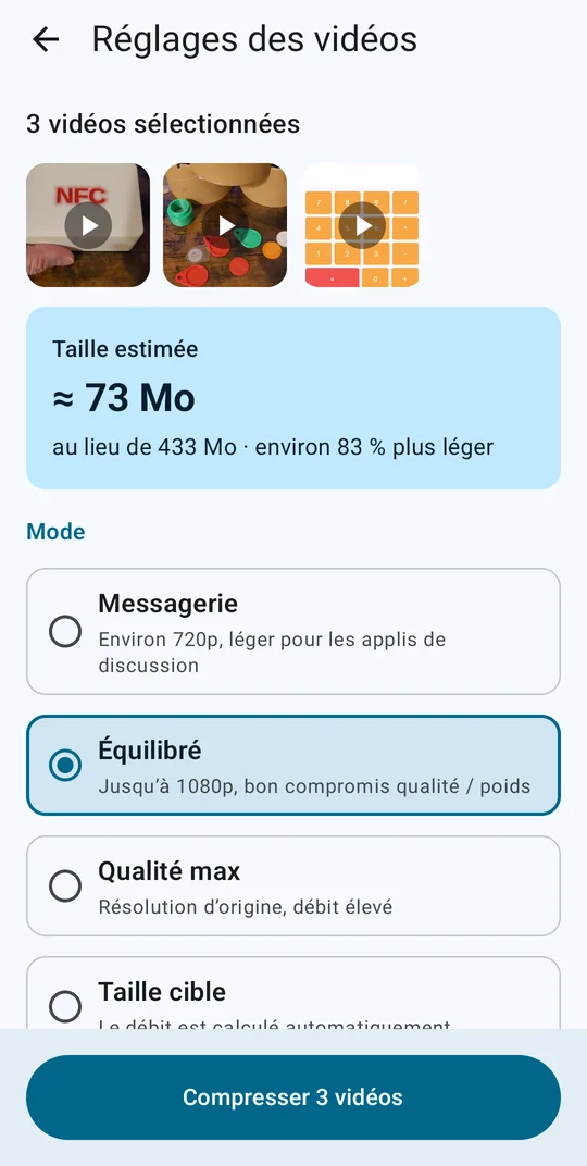 Réglages des vidéos avec taille estimée et modes Messagerie, Équilibré, Qualité max, Taille cible
