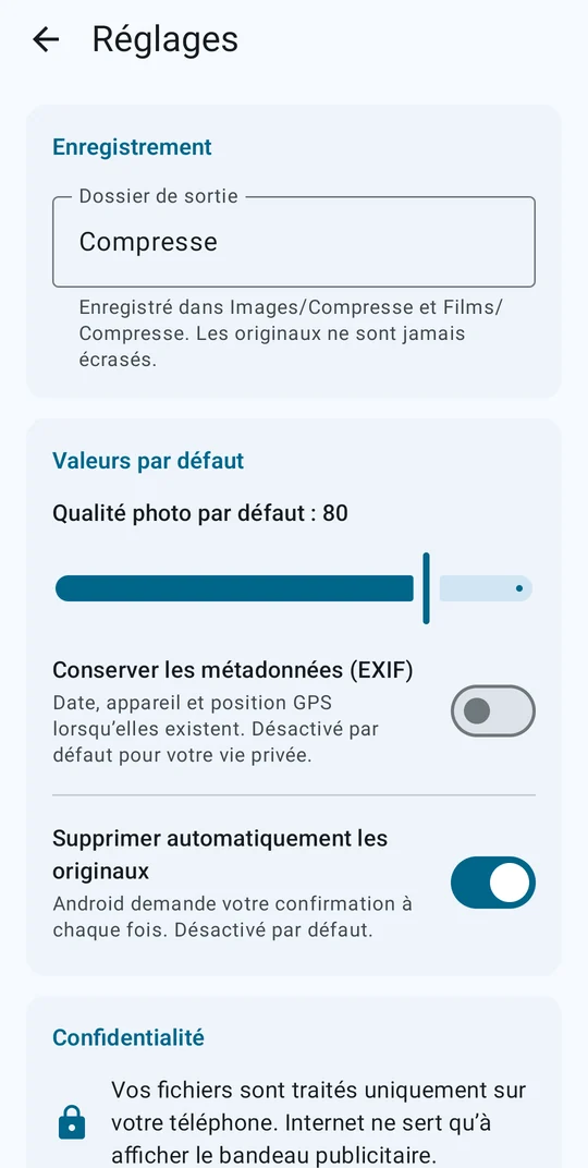 Réglages : dossier de sortie, qualité par défaut, métadonnées, suppression des originaux