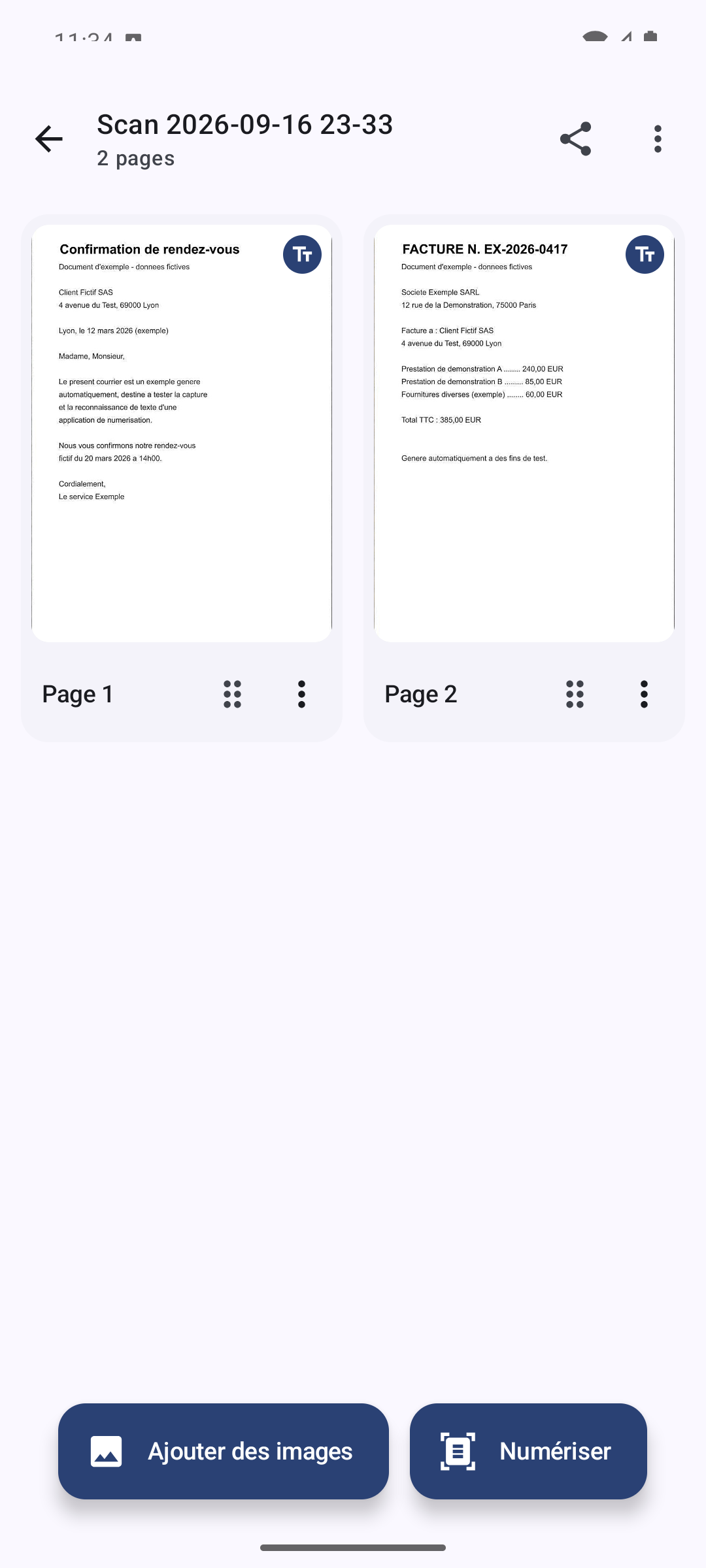 Écran d'un document de deux pages