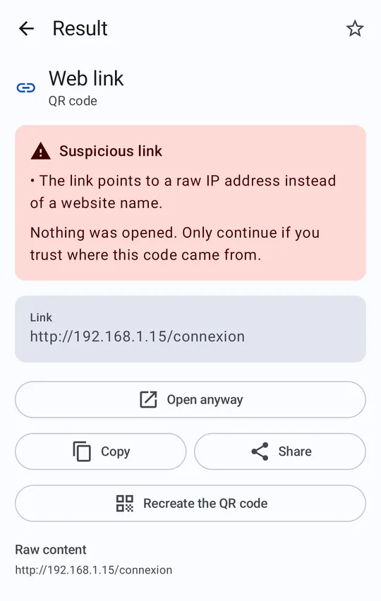 Suspicious link warning