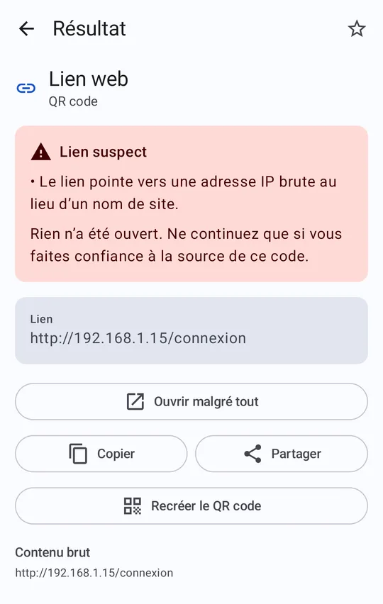 Alerte sur un lien suspect