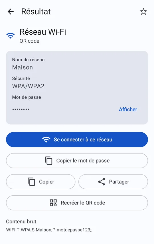 Résultat d’un QR code Wi-Fi