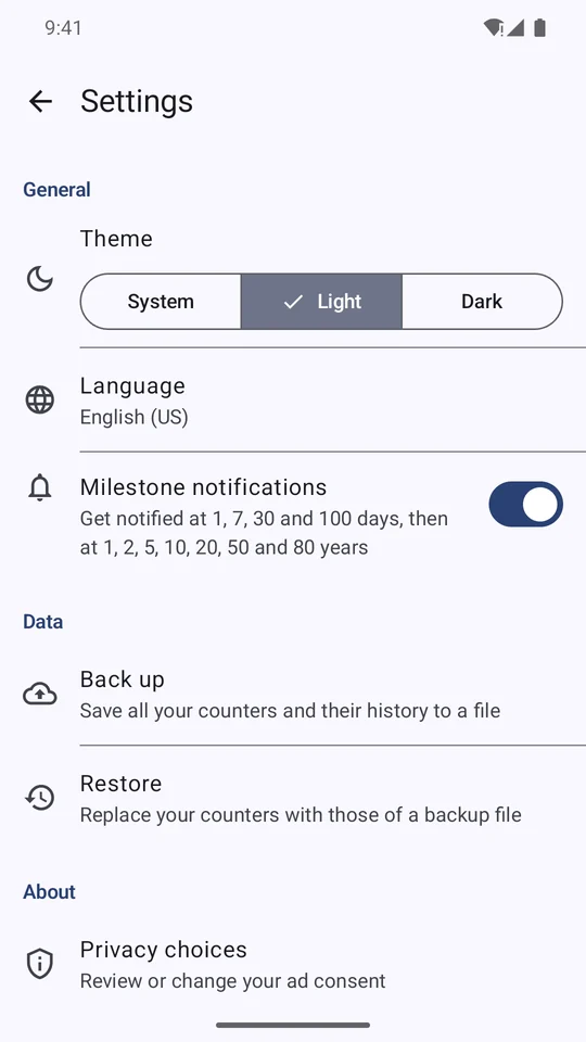 Settings: theme, language, backup