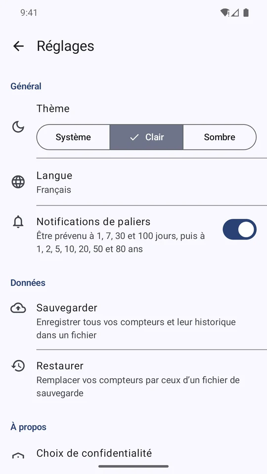 Réglages : thème, langue, sauvegarde