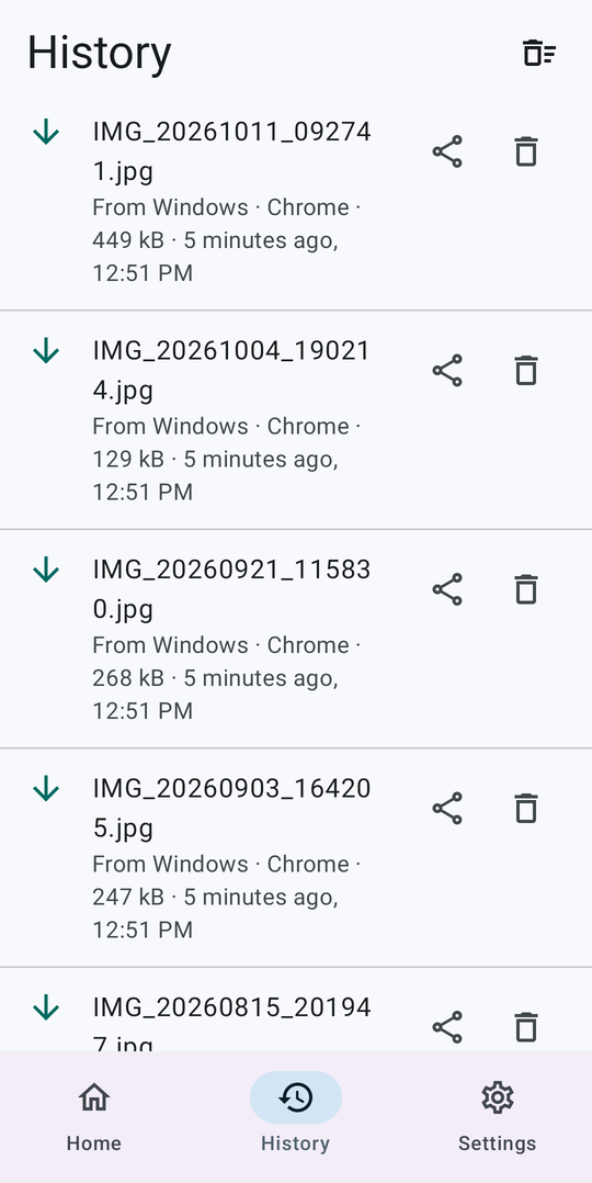 History of sent and received files