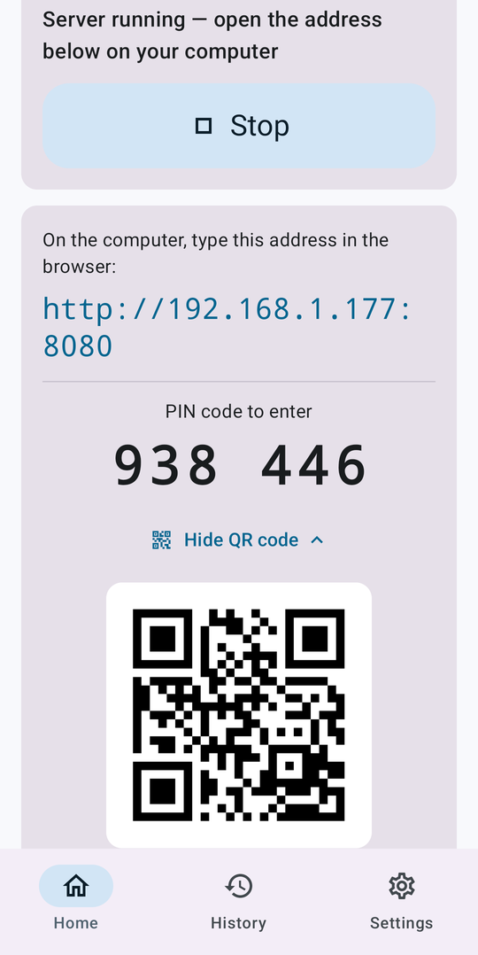 App home screen: address to type on the computer, PIN and QR code