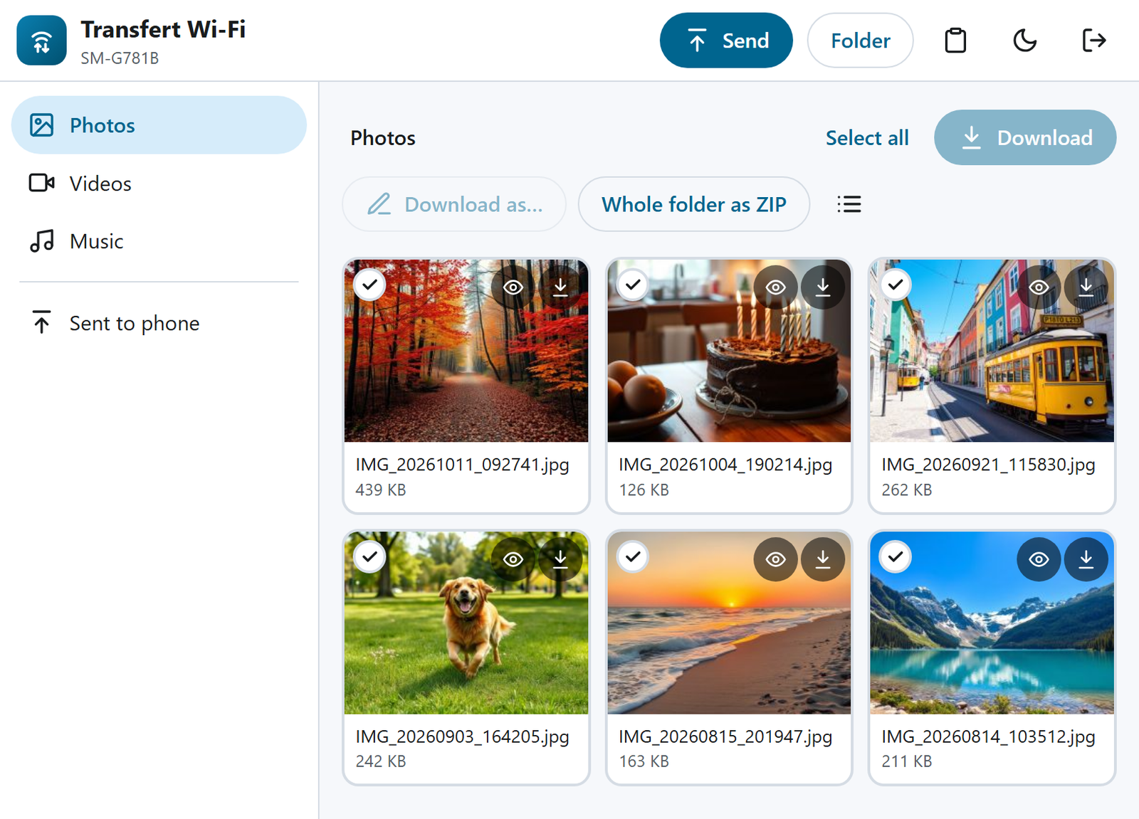 Web interface on the computer: phone photos as thumbnails, Download and Send buttons