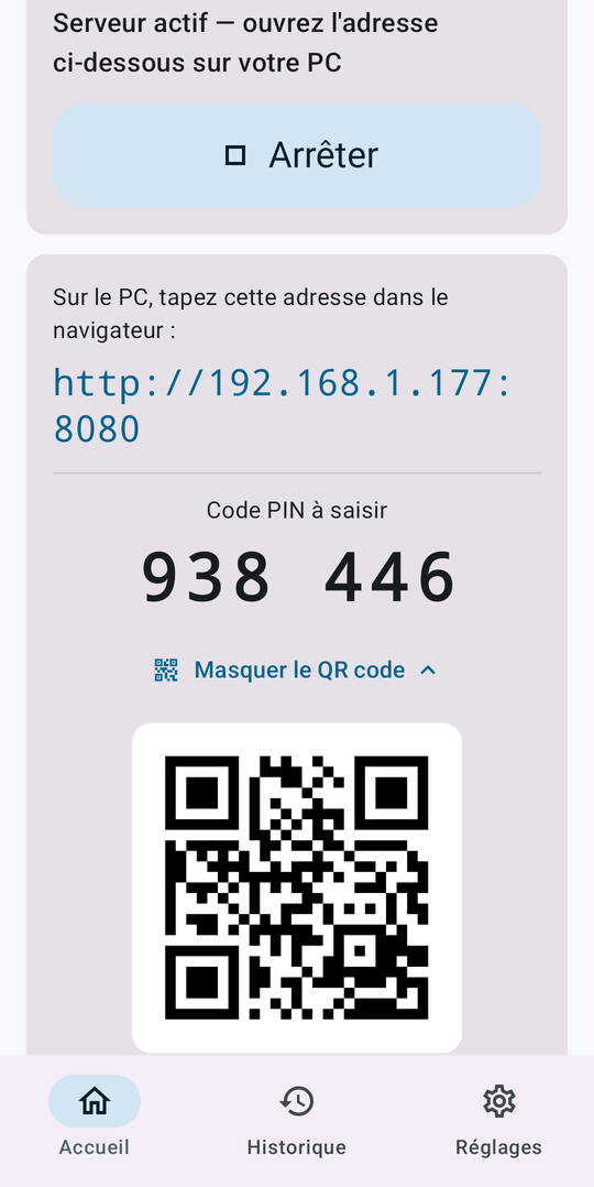 Écran d'accueil de l'appli : adresse à taper sur le PC, code PIN et QR code