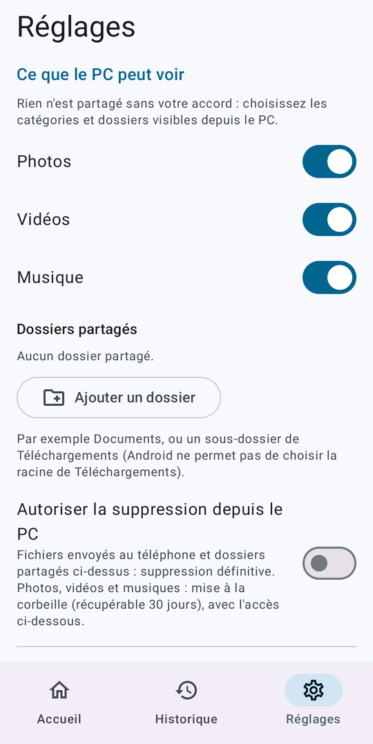 Réglages : choix de ce que le PC peut voir