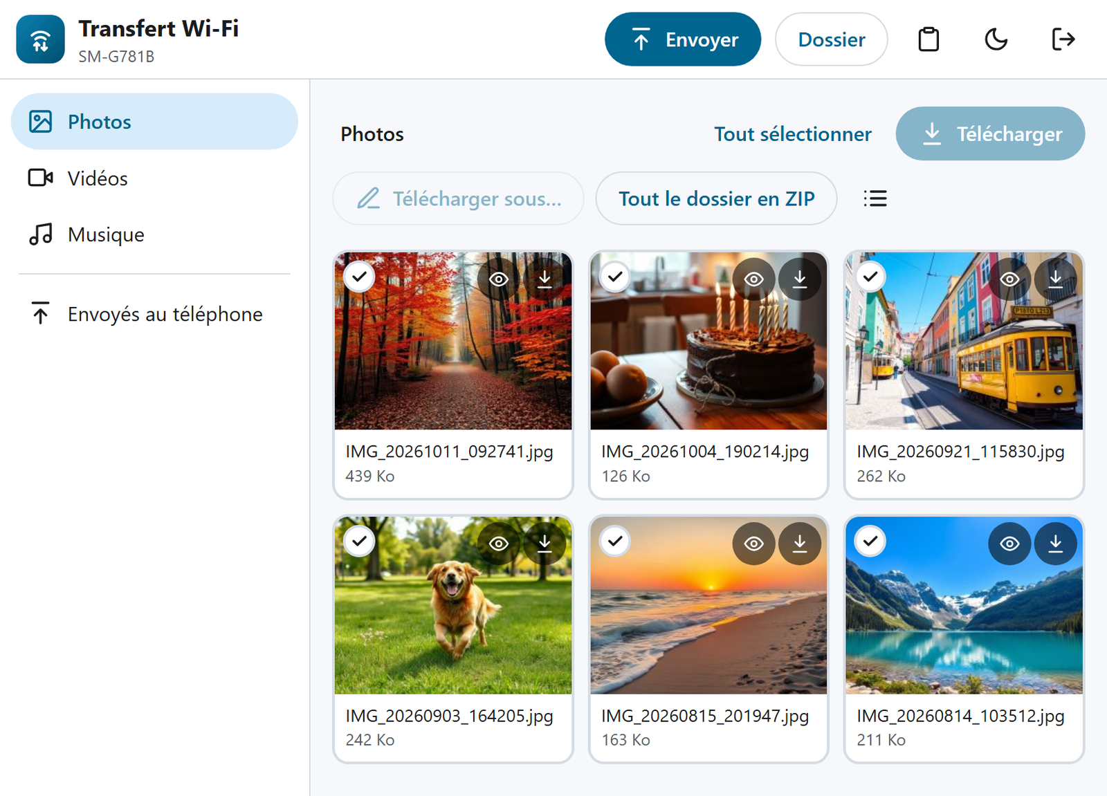 Interface web sur le PC : photos du téléphone en miniatures, boutons Télécharger et Envoyer